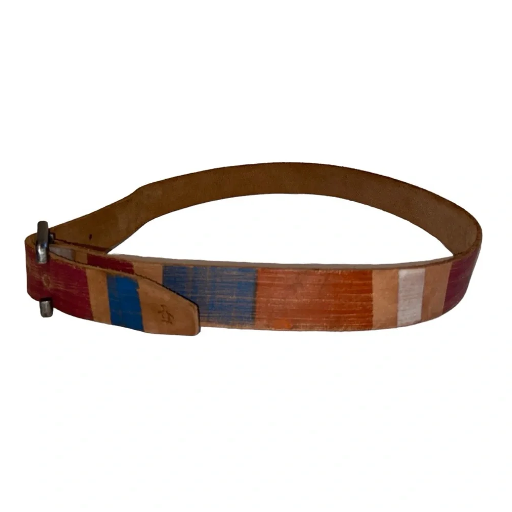 Genuine Leather Belt Made in India Multicolor Striped Silvertone Buckle 34-37”